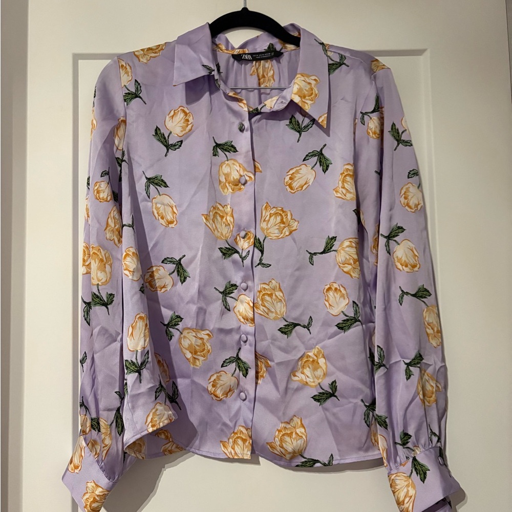Zara Floral Lavender Satin Blouse Size Medium